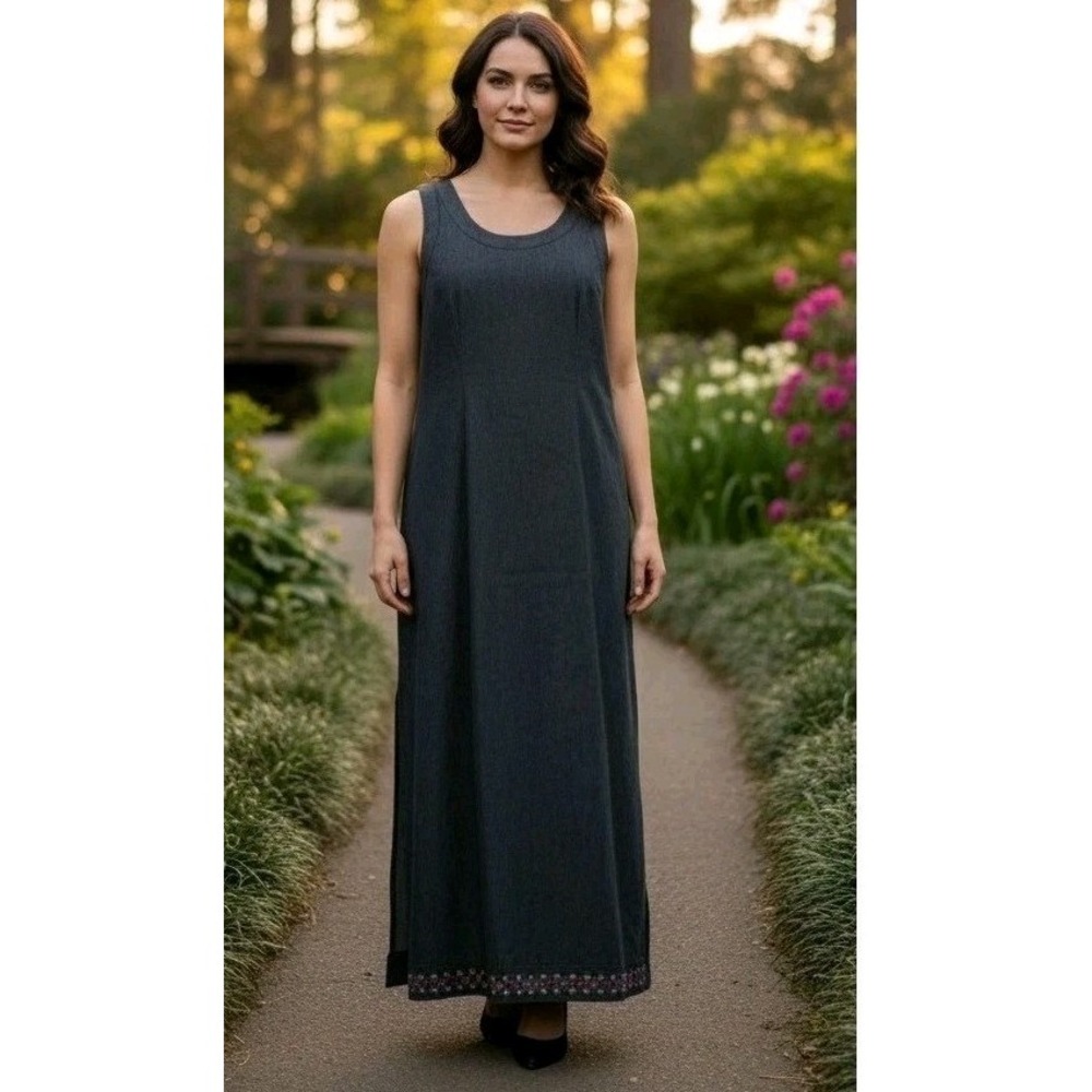 Y2K KARAVAN Jumper Dress Size S Floral Embroidered Hem Back Denim Buttons NWT